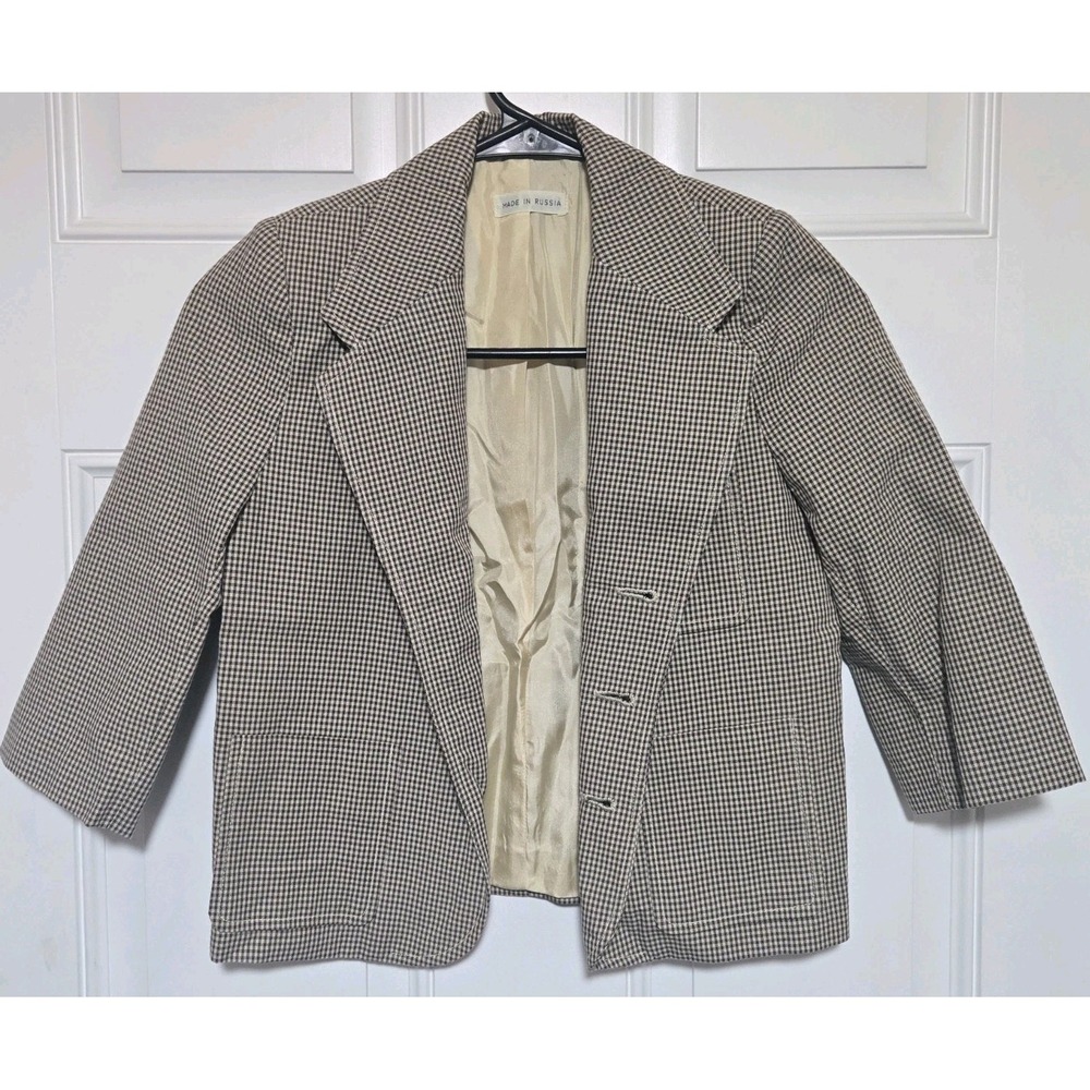 Gap‎ Blazer Vintage Boys Jacket Size XS Checkered Brown Beige Made In Russia